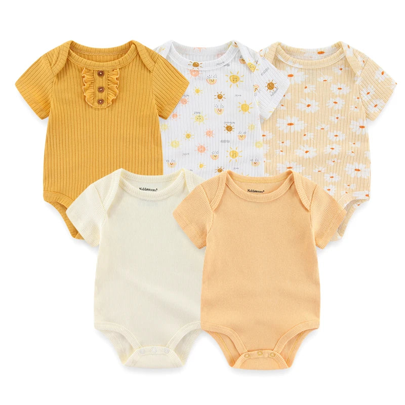 Unisex Solid Color 5Pieces Baby Girl Clothes Cotton Newborn Bodysuits Cartoon Print Baby Boy Clothes Set Summer Bebes