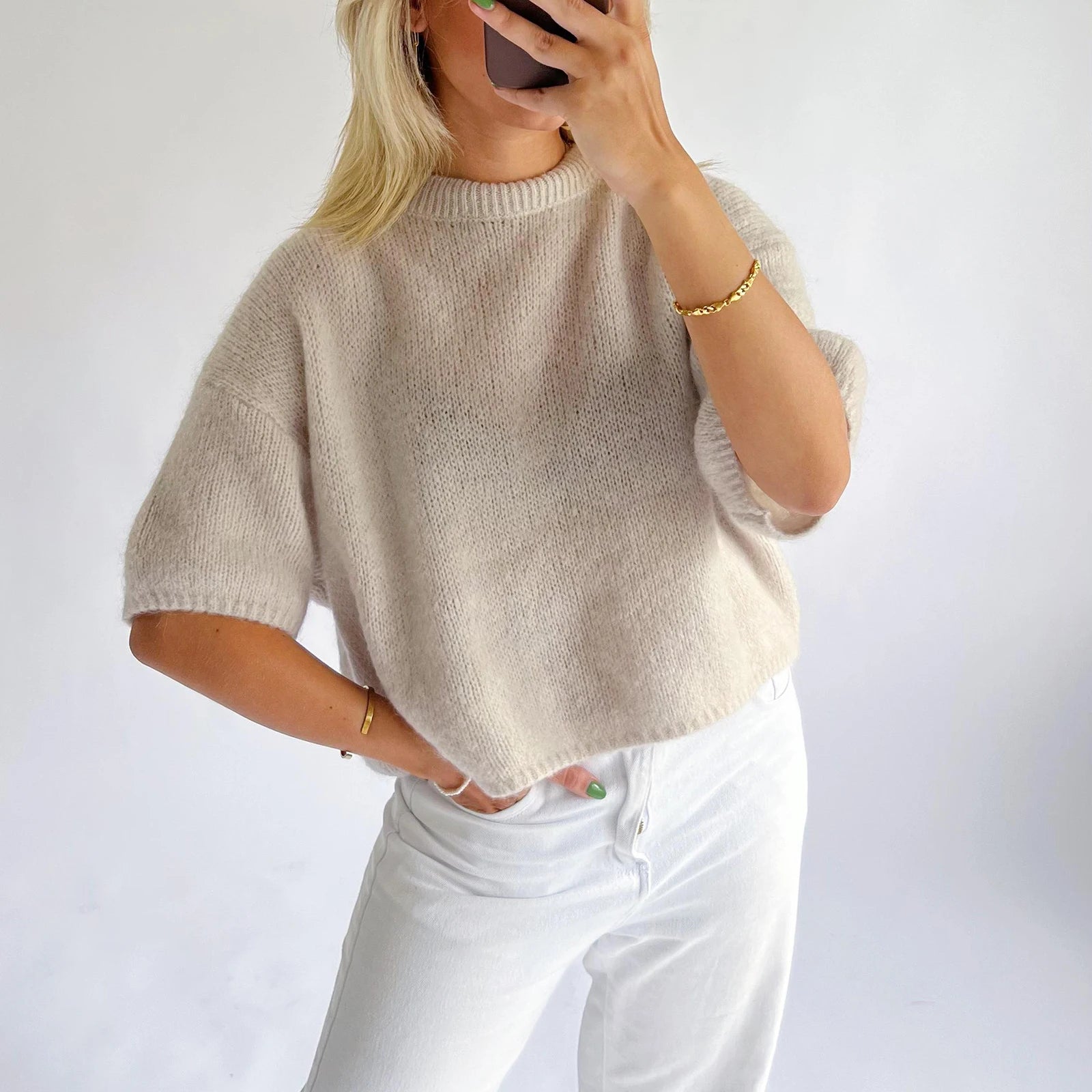 Imcute Women's Casual Sweaters Short Sleeve O Neck Knit Crop Tops Y2k Girls Pullover Shirts Knitwear Vintage Streetwear