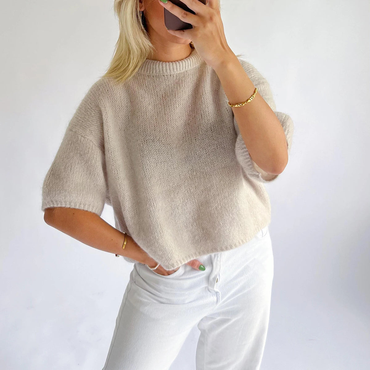 Imcute Women's Casual Sweaters Short Sleeve O Neck Knit Crop Tops Y2k Girls Pullover Shirts Knitwear Vintage Streetwear