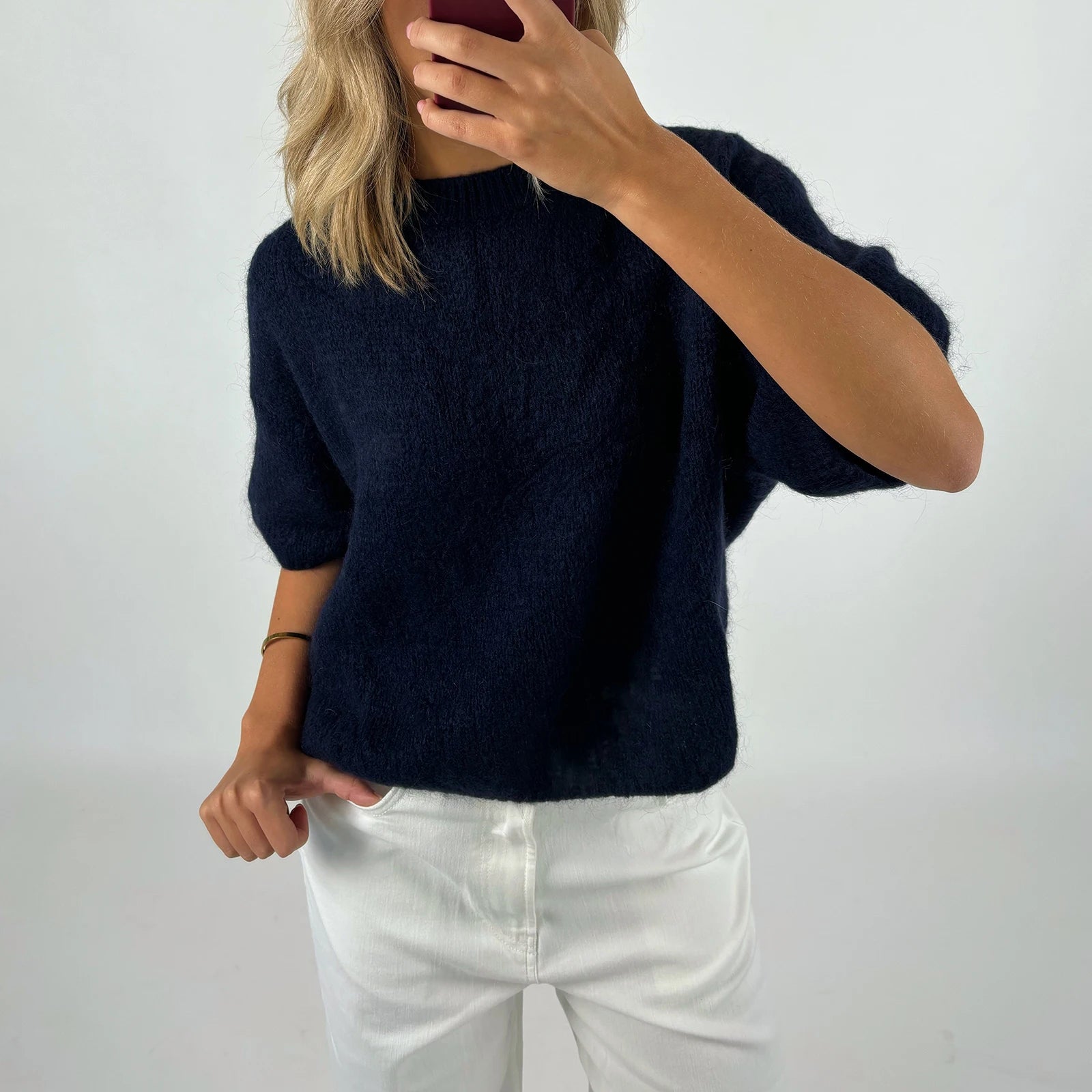 Imcute Women's Casual Sweaters Short Sleeve O Neck Knit Crop Tops Y2k Girls Pullover Shirts Knitwear Vintage Streetwear