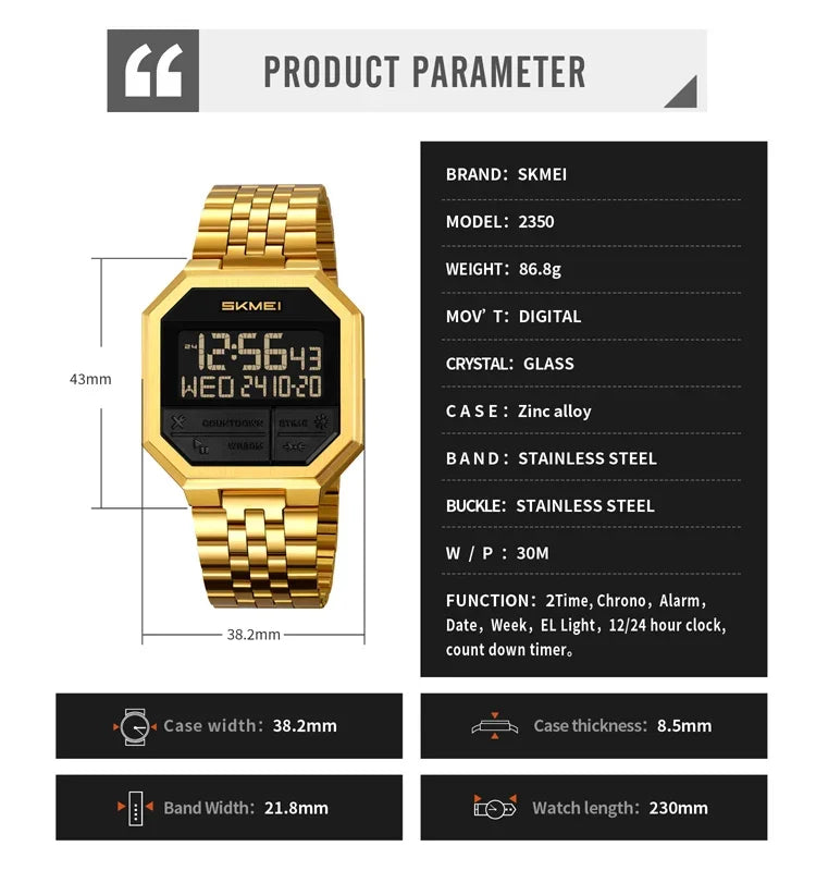 SKMEI 2350 LED Luxury Digital Watch for Men Sports Electronic Waterproof Display Wristwatches Mens Countdown Clock Reloj Hombre