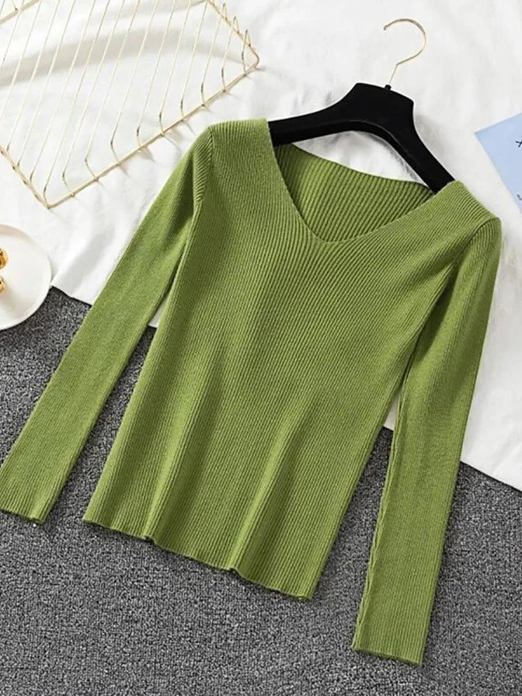 2025 Fashion V-neck Elastic Basic Top New Women Sweater Autumn Winter Long Sleeve Pullover Female Winter Solid Knitted Jumper