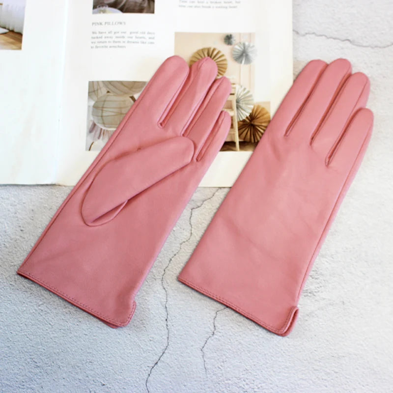 Women's Sheepskin Gloves Fashion Color Leather Simple Style Wool Lining Spring and Autumn Warmth Finger Gloves