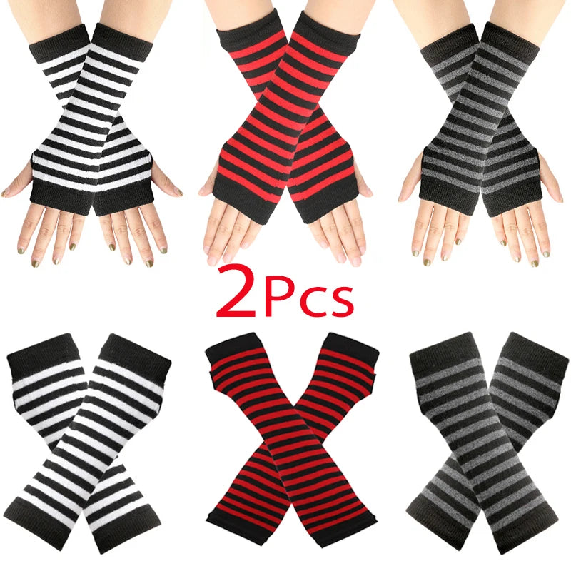 New Winter Warm Long Sleeves Gloves for Man Women Fingerless Stripe Hip-Hop Punk Korea Knitted Elbow Mittens Elastic Warmer Arm