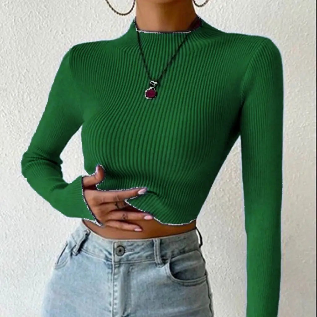 Autumn Winter Mock Neck Women Sweater Vintage Basic Solid Knitted Tops Casual Slim Pullover Sweaters Chic Jumpers Crop Top