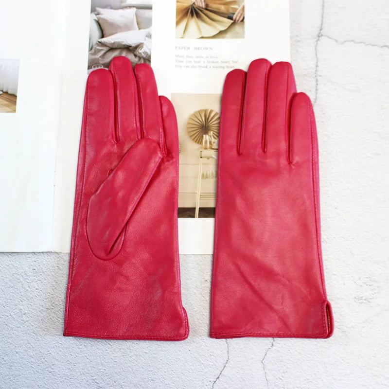 Women's Sheepskin Gloves Fashion Color Leather Simple Style Wool Lining Spring and Autumn Warmth Finger Gloves