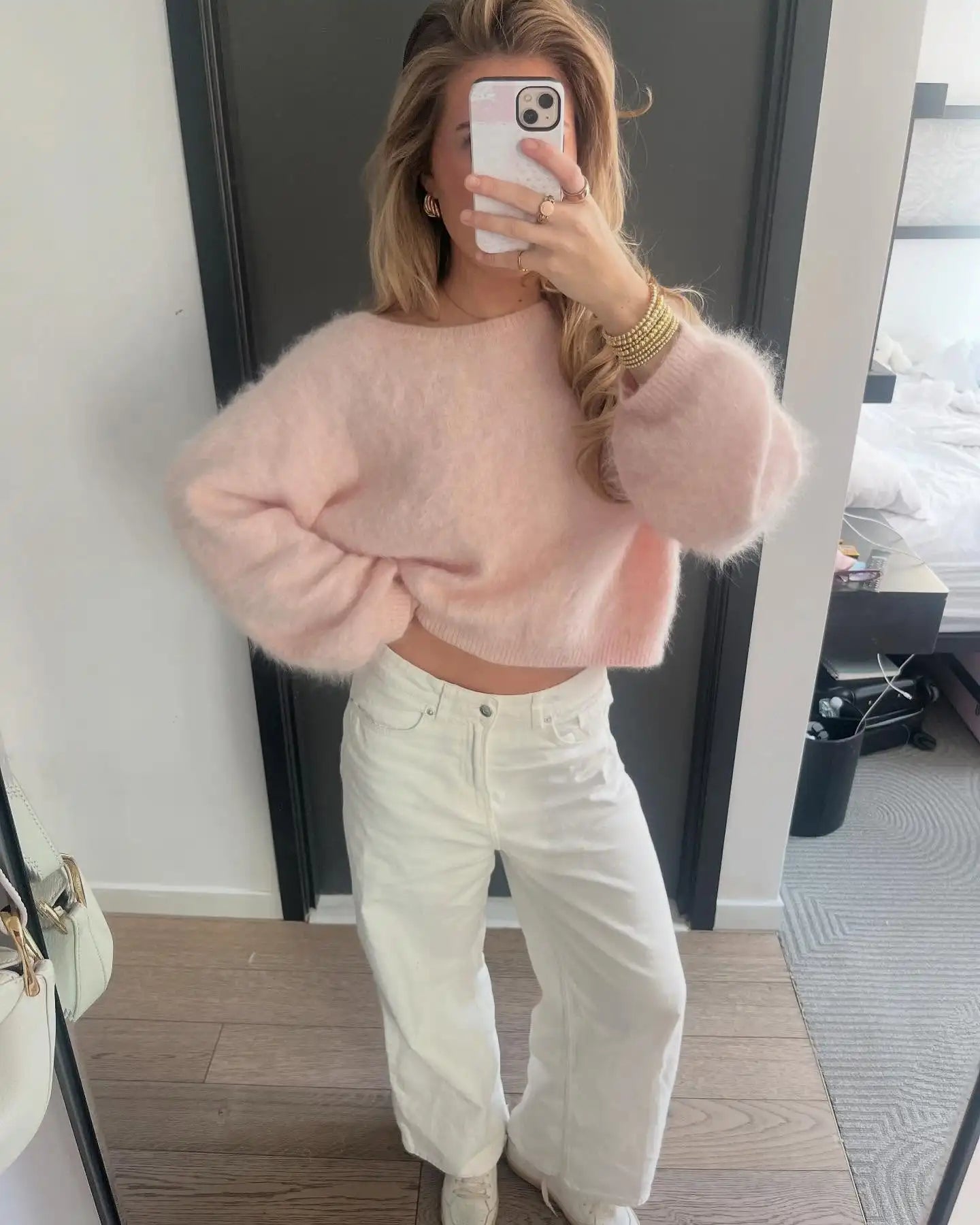 Fluffy Mohair Off Shoulder Cropped Sweater Oversize Slouchy Long Sleeve 2025 Autumn Cozy Women Knit Top Trendy Sweet Lady Jumper