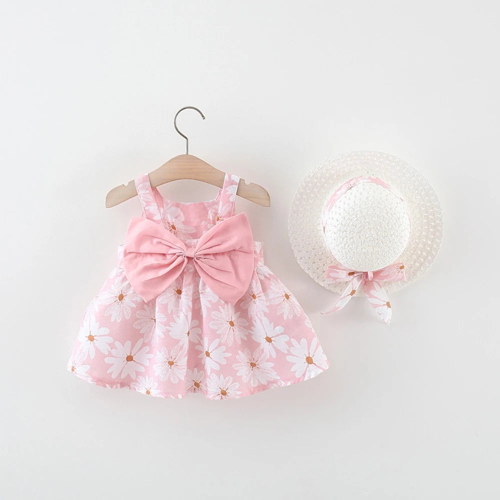 Summer 2/Piece Set Of Baby Girl Dress Hat Girl'S Big Bow Casual Cotton Print Cute Round Neck Sleeveless Dress