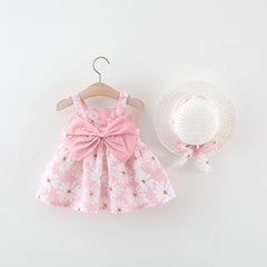 Summer 2/Piece Set Of Baby Girl Dress Hat Girl'S Big Bow Casual Cotton Print Cute Round Neck Sleeveless Dress