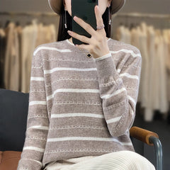 Spring Women's Pullover Sweater Striped Two-Color Sweater Long Sleeve Crewneck New 100% Cotton Pullover Sweater For Women-SMY251