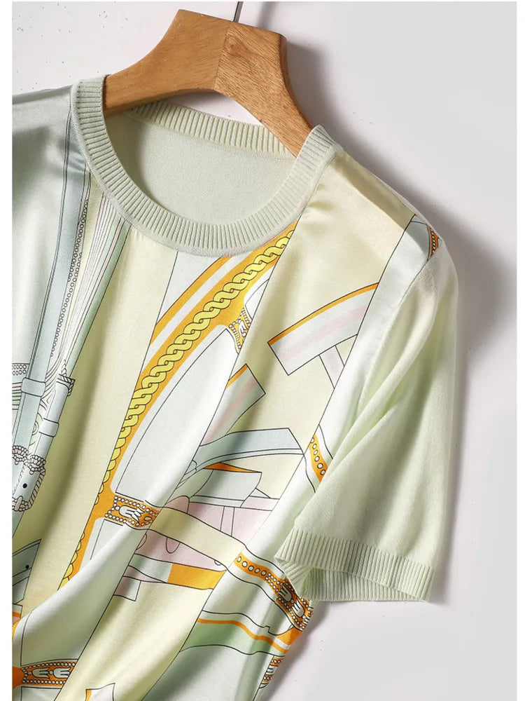 New Fashion Printing Put Together Ice Silk Knitwear Shirt T-shirt Round Neck Short Sleeve Temperament Slim Women's Style Top