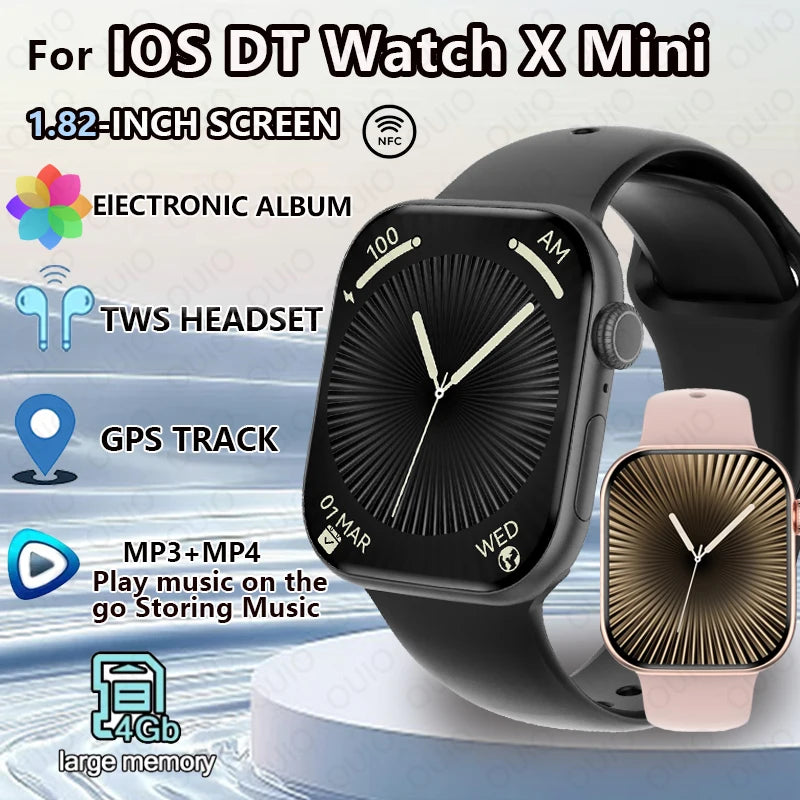 New For IOS DT Watch X Mini Smart Watch Men Women NFC 1.85-inch TWS Earphones Electronic Album Recorder Video Player Smart Watch