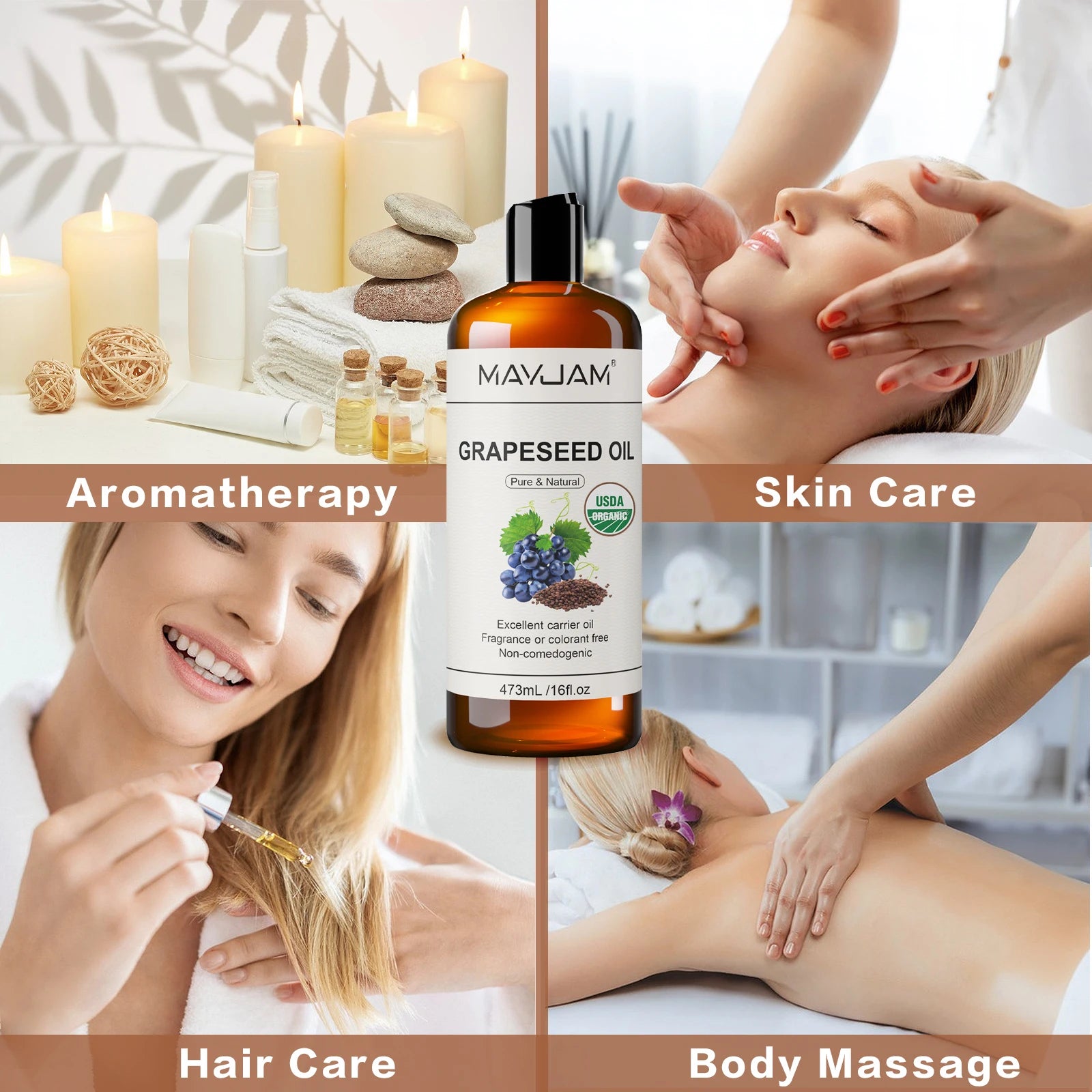 16fl.oz Organic Grapeseed Oil for Skin Care Cold Pressed Pure Natural Carrier Oil Body Oil Massage Nourish Moisturize Brighten