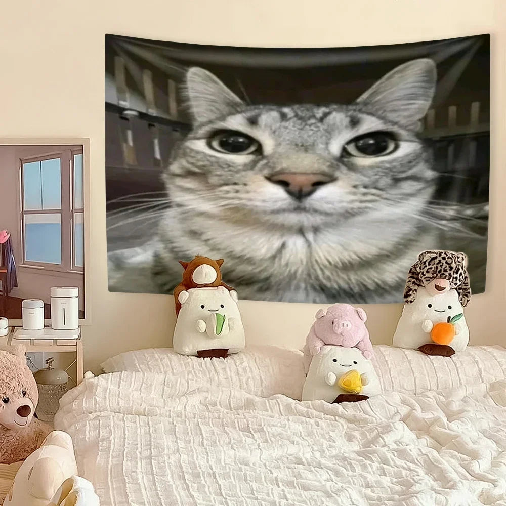 Funny Cat Meme Tapestry Kawaii Animal Home Decor Wall Hanging Covering Cloth Bedroom Dorm Background Festival Gift