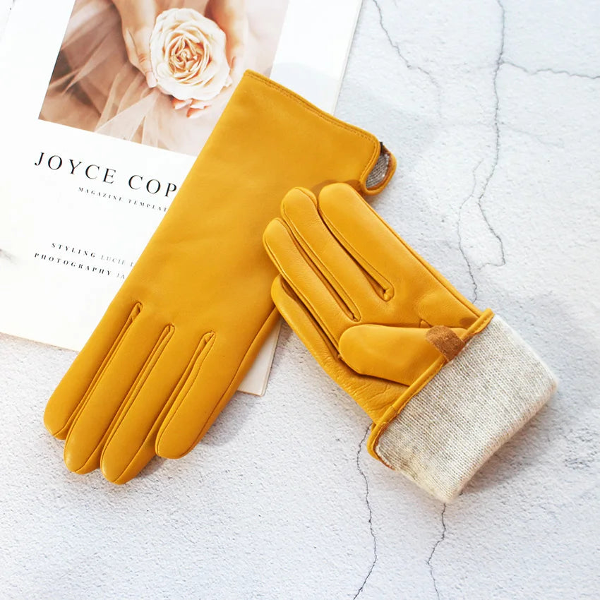 Women's Sheepskin Gloves Fashion Color Leather Simple Style Wool Lining Spring and Autumn Warmth Finger Gloves