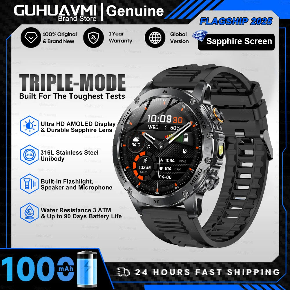 New Outdoor Military SmartWatch Man 1.7" AMOLED Screen 1000mAh Battery 5ATM Waterproof Flashlight 100+ Sports smart watches 2025