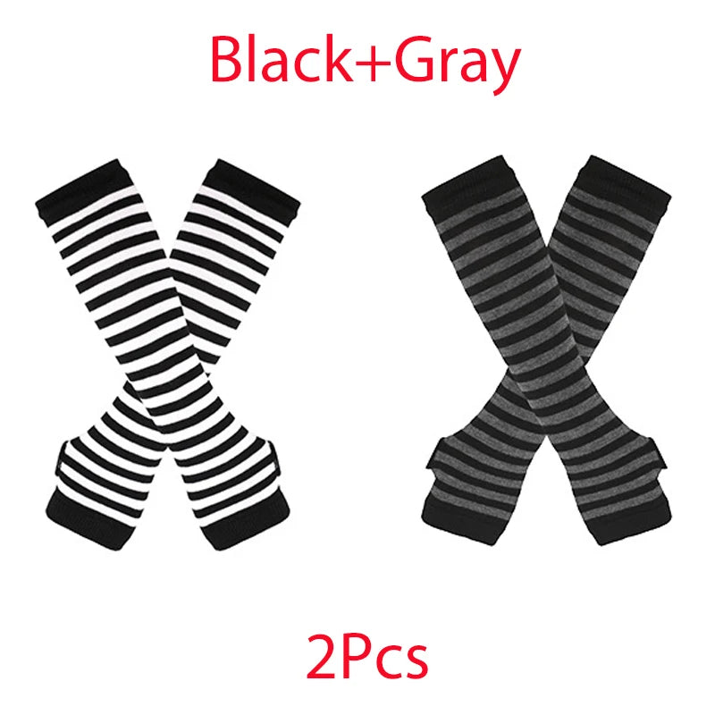 New Winter Warm Long Sleeves Gloves for Man Women Fingerless Stripe Hip-Hop Punk Korea Knitted Elbow Mittens Elastic Warmer Arm