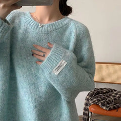 Loose Women's Mint een Lazy Sle Milk Blue Sweater Casual High-End Outerwear Long Sve round Ne Girl's Autumn Faion