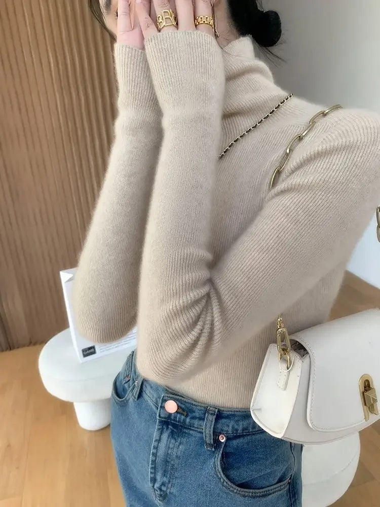 2025 Korean Style Turtleneck Long Sleeve Pullover Fashion Soft Warm Basic Sweater Women's Autumn Winter Slim Solid Knitwear Tops