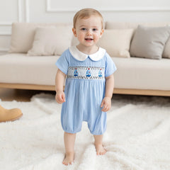 0-18M Baby Girl Boy Summer Blue Rompers Sailboat Embroidered Short Sleeve Doll Collar Jumpsuit Newborn Clothes Outfit