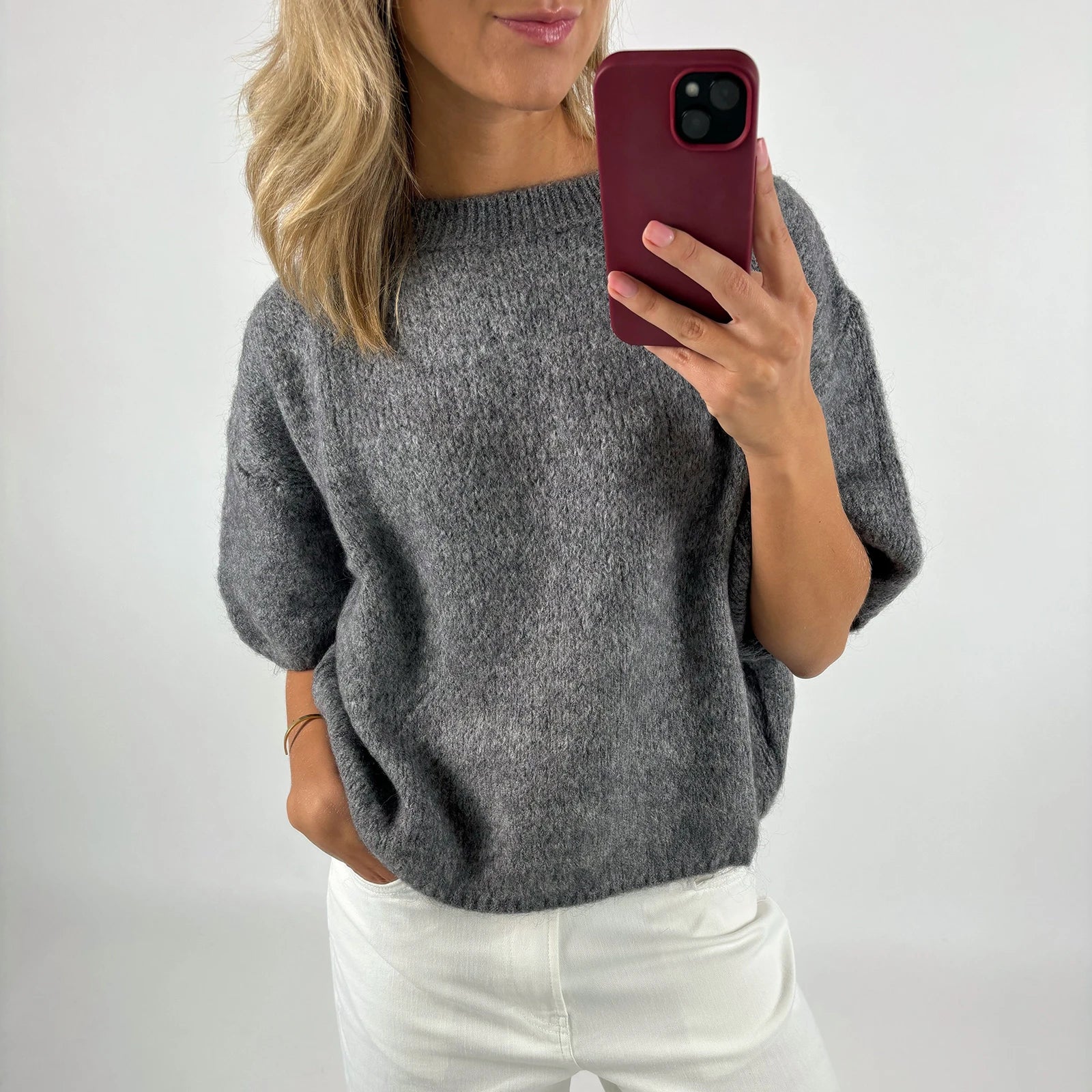 Imcute Women's Casual Sweaters Short Sleeve O Neck Knit Crop Tops Y2k Girls Pullover Shirts Knitwear Vintage Streetwear