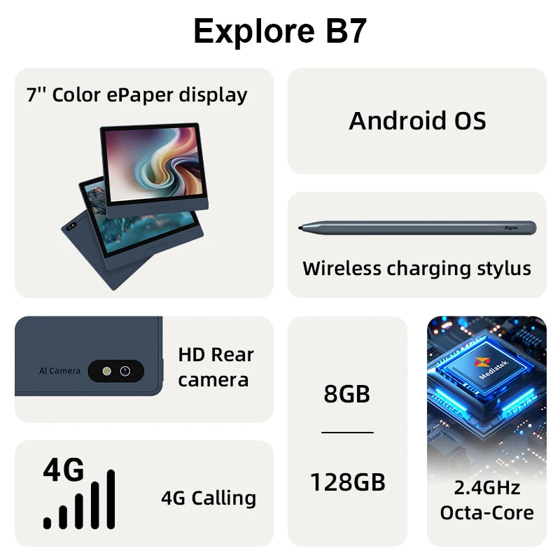 Bigme B7 ebook reader, 7-inch color e-ink screen electronic book, 300PPI, Android14 OS, 8GB+128GB, ePaper tablet with 4G calling