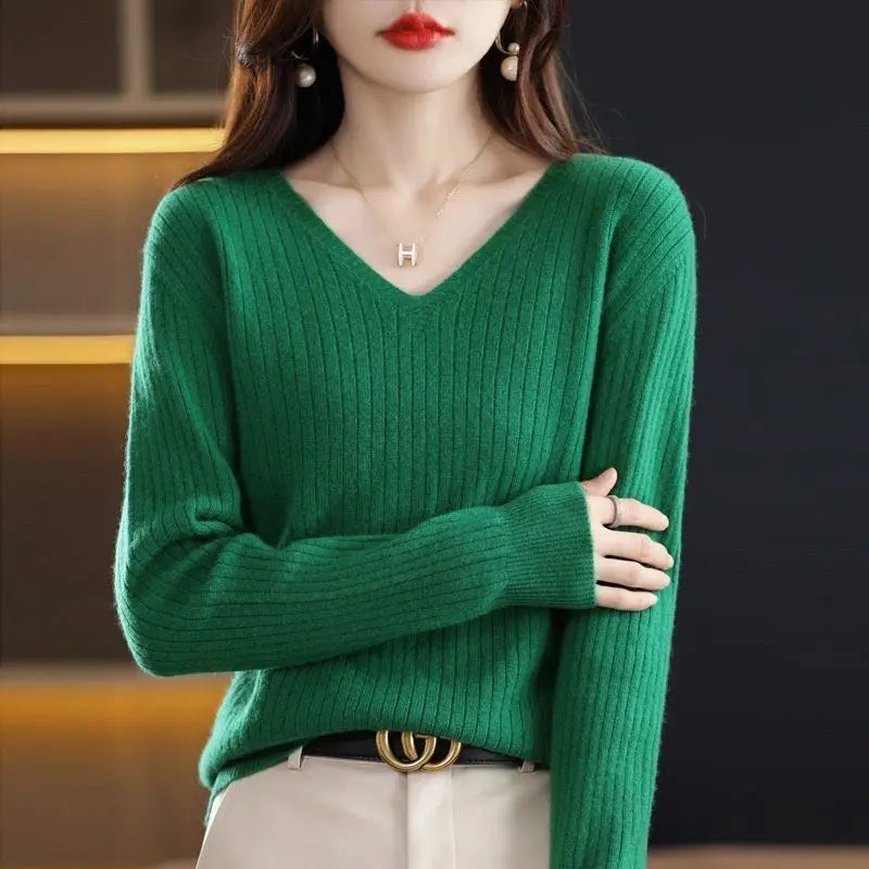 Chic Casual Autumn Winter Basic Sweater Pullovers Women V-neck Solid Knit Loose Pullover Female Long Sleeve Warm Khaki Sweater