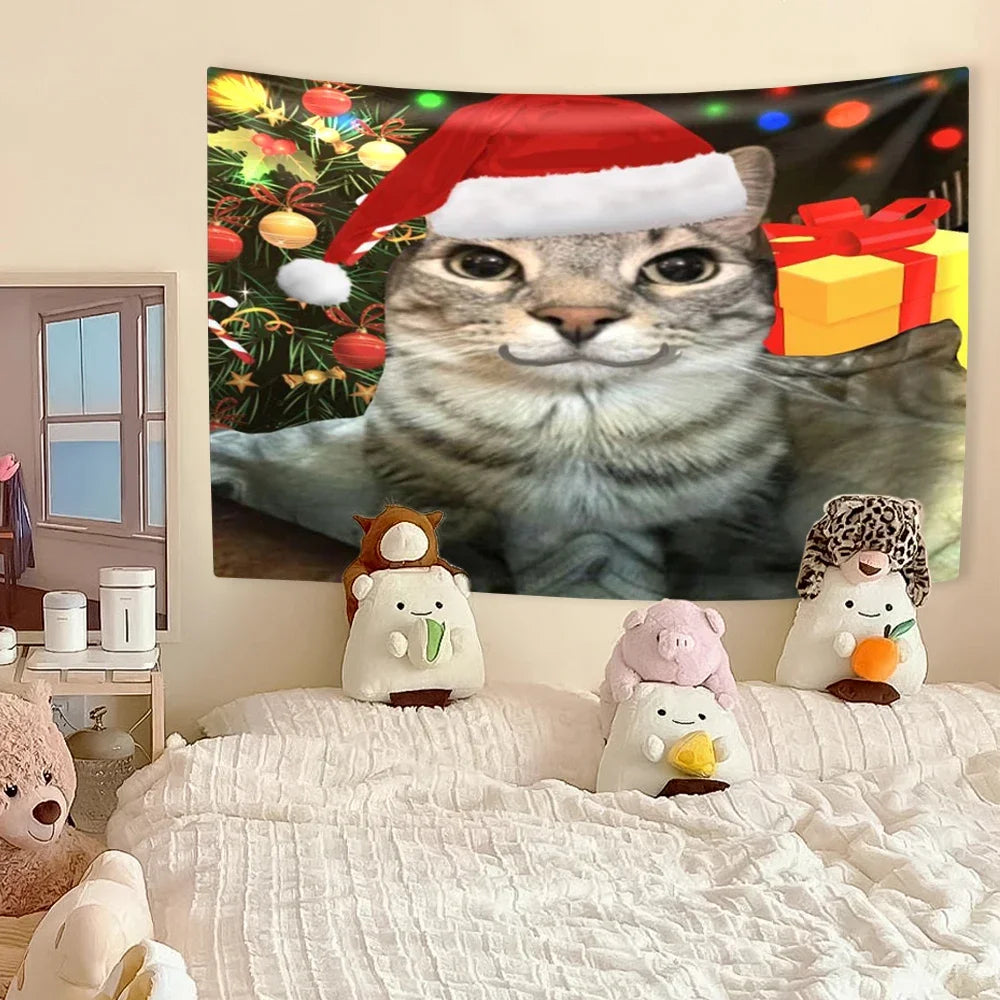 Funny Cat Meme Tapestry Kawaii Animal Home Decor Wall Hanging Covering Cloth Bedroom Dorm Background Festival Gift