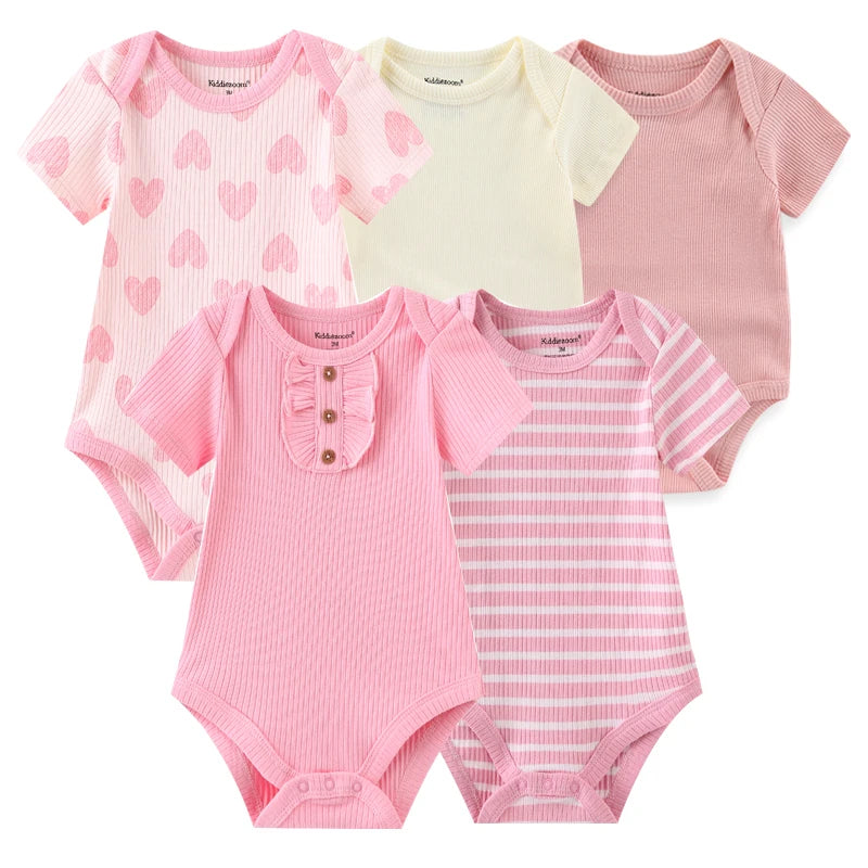 Unisex Solid Color 5Pieces Baby Girl Clothes Cotton Newborn Bodysuits Cartoon Print Baby Boy Clothes Set Summer Bebes