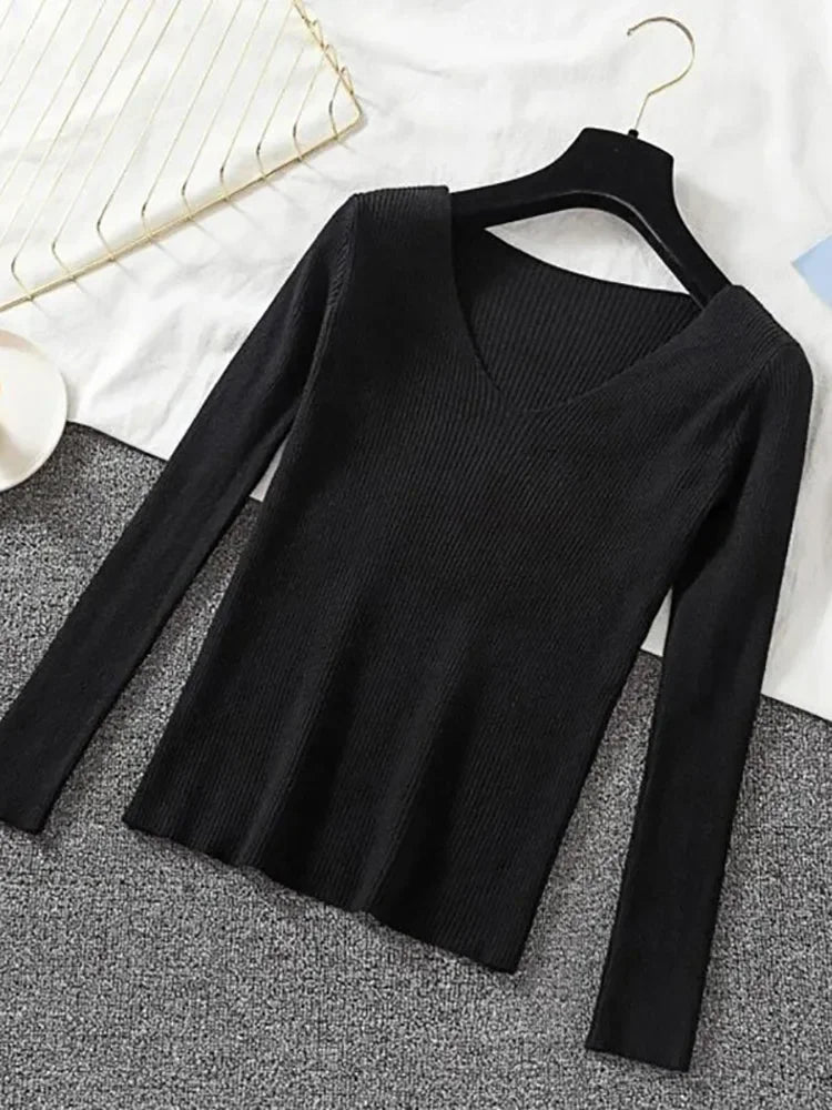2025 Fashion V-neck Elastic Basic Top New Women Sweater Autumn Winter Long Sleeve Pullover Female Winter Solid Knitted Jumper