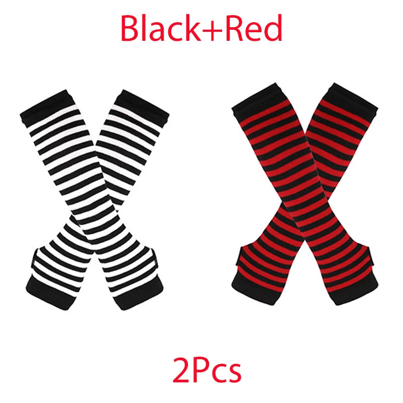 New Winter Warm Long Sleeves Gloves for Man Women Fingerless Stripe Hip-Hop Punk Korea Knitted Elbow Mittens Elastic Warmer Arm