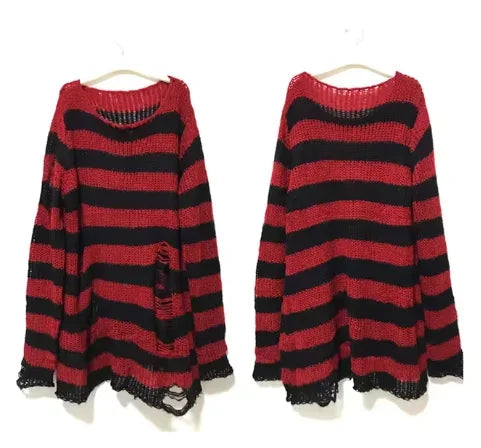 New ZMZBCH Spring Autumn Women's Punk Gothic Oversized Pullover Sweater Striped Hollow out Cool Harajuku Aesthetics  2-M3288