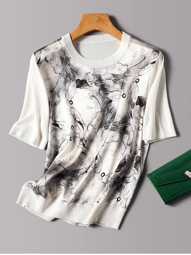 New Fashion Printing Put Together Ice Silk Knitwear Shirt T-shirt Round Neck Short Sleeve Temperament Slim Women's Style Top