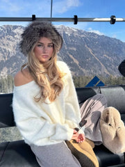 Fluffy Mohair Off Shoulder Cropped Sweater Oversize Slouchy Long Sleeve 2025 Autumn Cozy Women Knit Top Trendy Sweet Lady Jumper