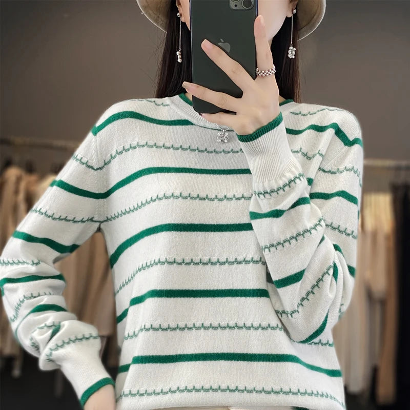 Spring Women's Pullover Sweater Striped Two-Color Sweater Long Sleeve Crewneck New 100% Cotton Pullover Sweater For Women-SMY251