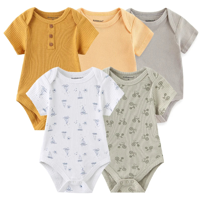 Unisex Solid Color 5Pieces Baby Girl Clothes Cotton Newborn Bodysuits Cartoon Print Baby Boy Clothes Set Summer Bebes