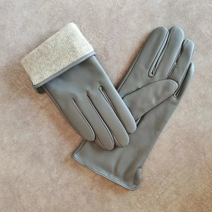 Women's Sheepskin Gloves Fashion Color Leather Simple Style Wool Lining Spring and Autumn Warmth Finger Gloves