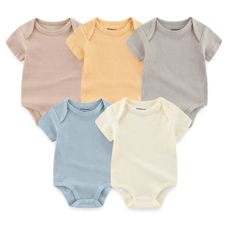 Unisex Solid Color 5Pieces Baby Girl Clothes Cotton Newborn Bodysuits Cartoon Print Baby Boy Clothes Set Summer Bebes