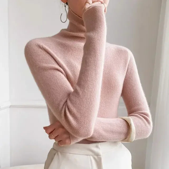 2025 Korean Style Turtleneck Long Sleeve Pullover Fashion Soft Warm Basic Sweater Women's Autumn Winter Slim Solid Knitwear Tops