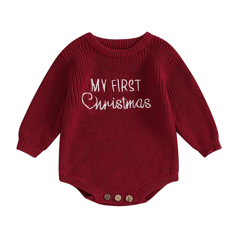 0-18M Newborn Baby Girl Boy Christmas Sweater Romper Letter Embroidery Long Sleeve Crew Neck Knit Bubble Jumpsuit