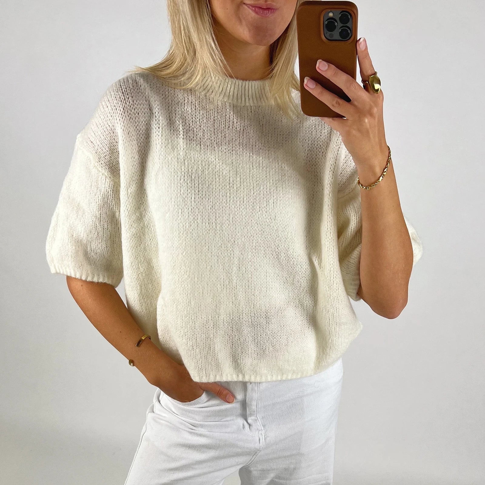 Imcute Women's Casual Sweaters Short Sleeve O Neck Knit Crop Tops Y2k Girls Pullover Shirts Knitwear Vintage Streetwear