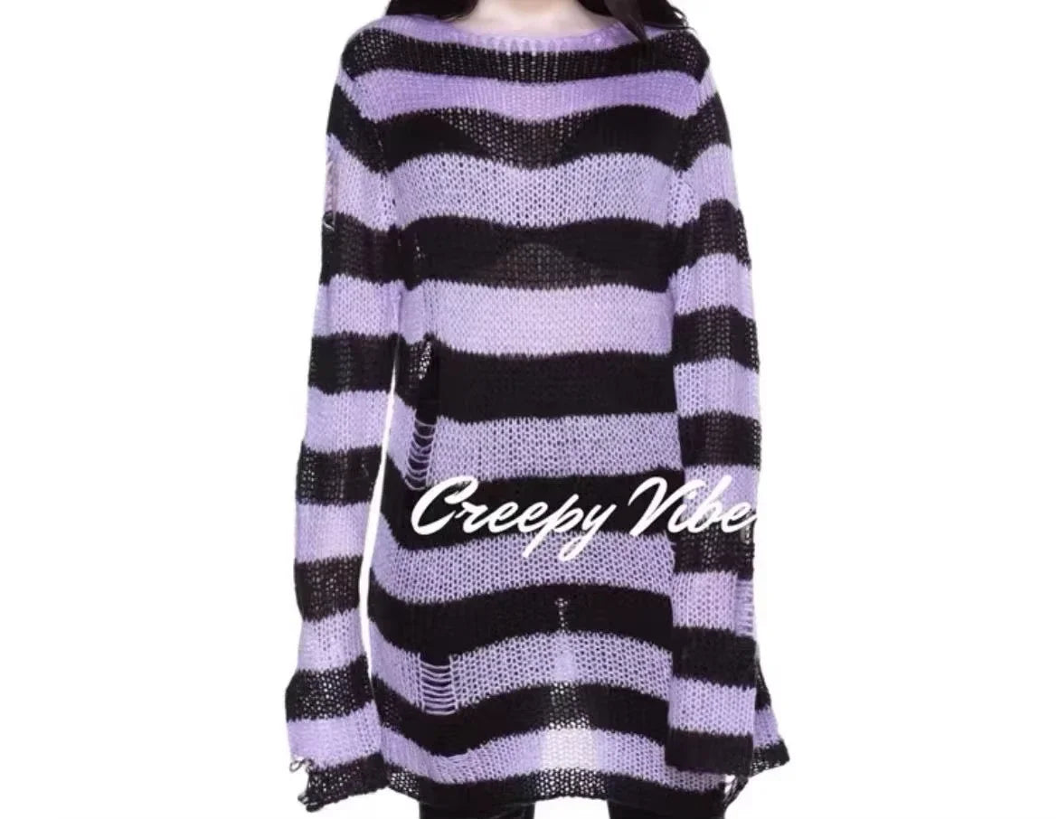New ZMZBCH Spring Autumn Women's Punk Gothic Oversized Pullover Sweater Striped Hollow out Cool Harajuku Aesthetics  2-M3288