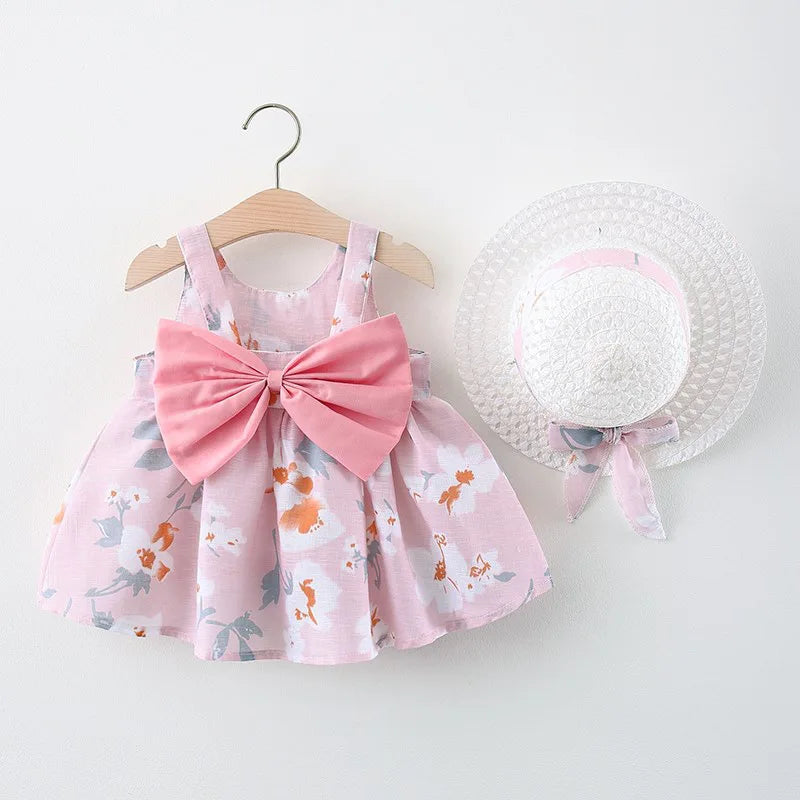 Summer 2/Piece Set Of Baby Girl Dress Hat Girl'S Big Bow Casual Cotton Print Cute Round Neck Sleeveless Dress