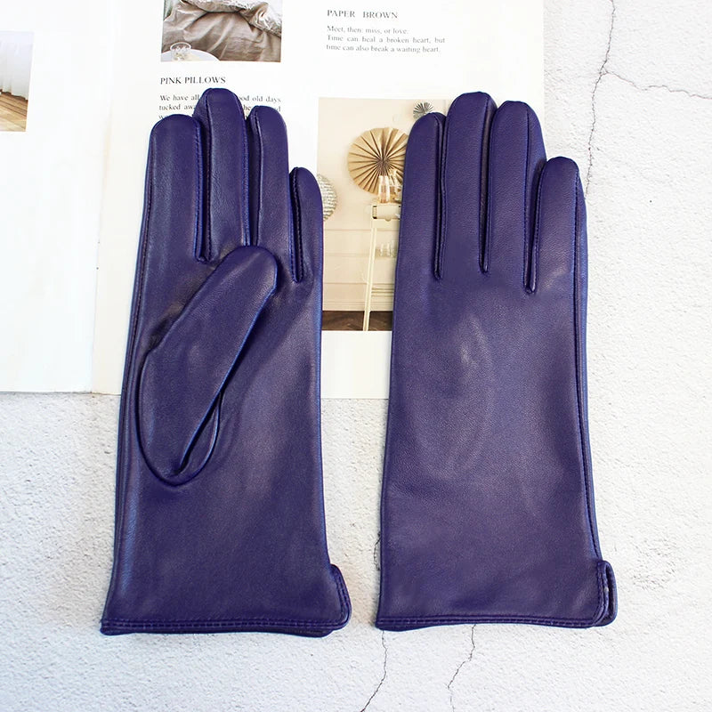 Women's Sheepskin Gloves Fashion Color Leather Simple Style Wool Lining Spring and Autumn Warmth Finger Gloves