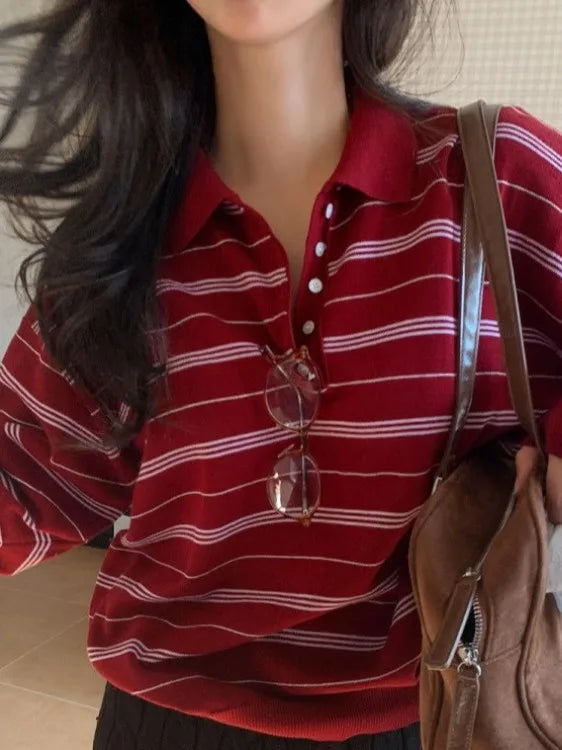 Korean Sle  Ne Color Blo Striped Knitwear Women's Loose Fit Soft Versatile Top American Retro Spring New Arrival