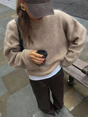 HH Winter Women Burgundy Long Sleeve Pullovers Casual O-neck Loose Fluffy Fuzzy Jumper Sweater Female Fashion Knitted Tops