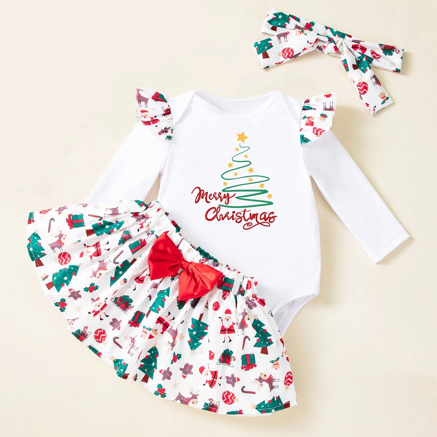 My First Christmas Outfit Baby Girl White Christmas Bodysuit Green Tree Tutu Skirt Headband First New Year Party Sweet  Clothes