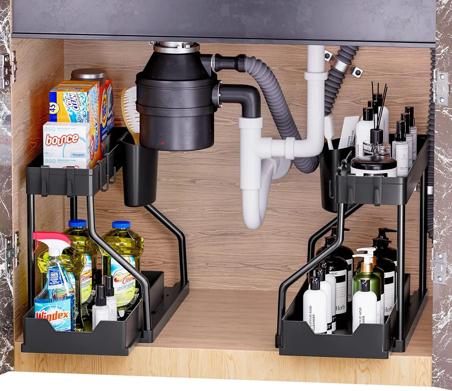 Under-sink storage rack, kitchen cabinet storage, dual-slide storage drawer, multi-purpose bathroom storage basket