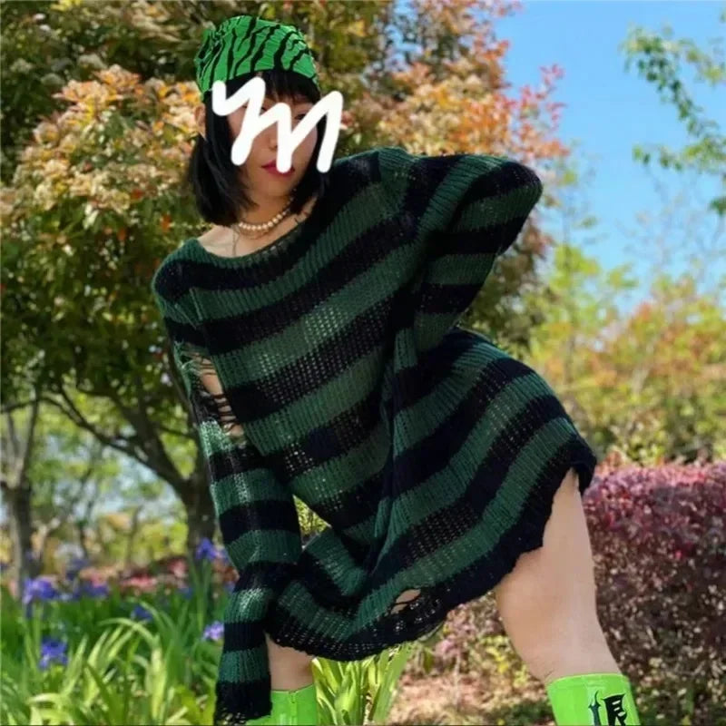 New ZMZBCH Spring Autumn Women's Punk Gothic Oversized Pullover Sweater Striped Hollow out Cool Harajuku Aesthetics  2-M3288