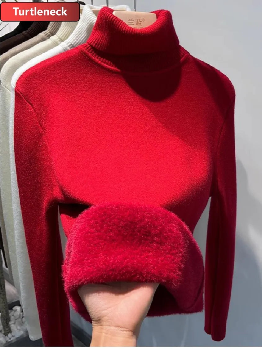 Turtleneck Winter Sweater Women Elegant Thicken Velvet Lined Warm Sueter Knitted Pullover Slim Tops Jersey Knitwear Jumper New